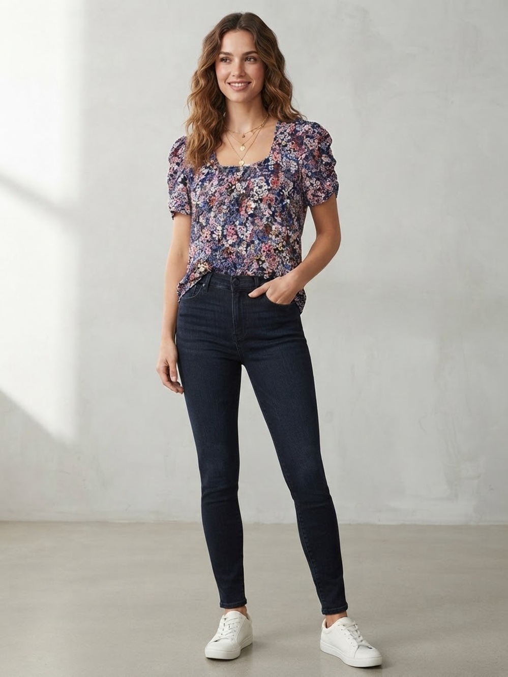 Maurices Navy Blue Floral Short Sleeve Scoop Neck Ruched Puff Sleeve Top Size M